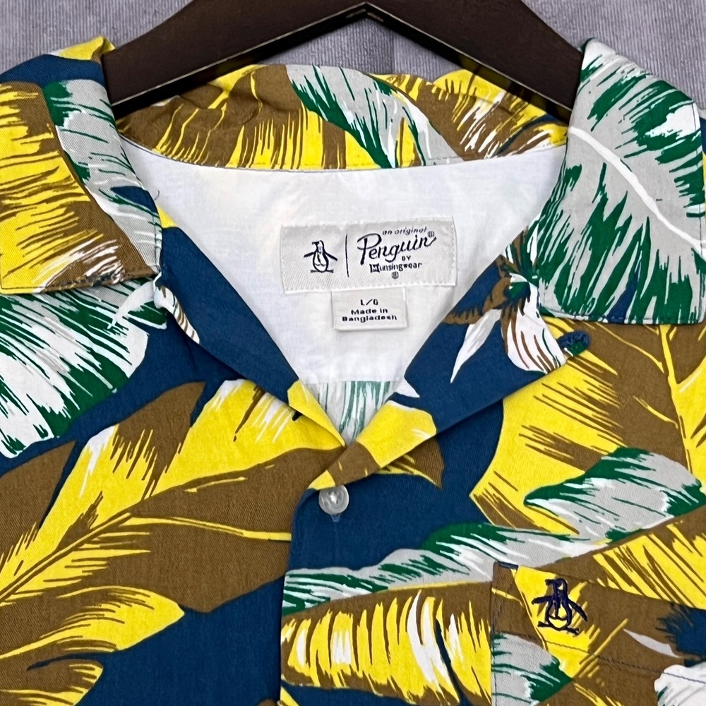 Original Penguin Shirt Mens Large Navy Yellow Tropical Leaf Viscose Excellent